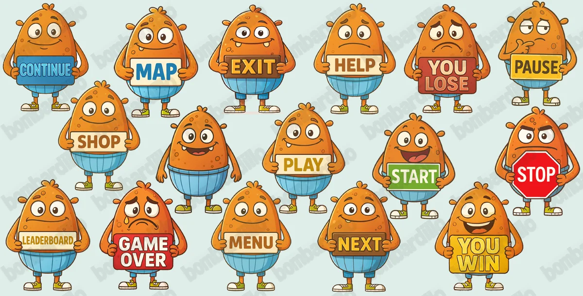 Funny monsters holding UI signs for your game menus.