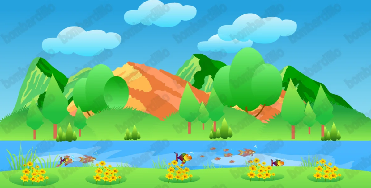 Mountain Forest Background with River and Fish – Layered Game Environment